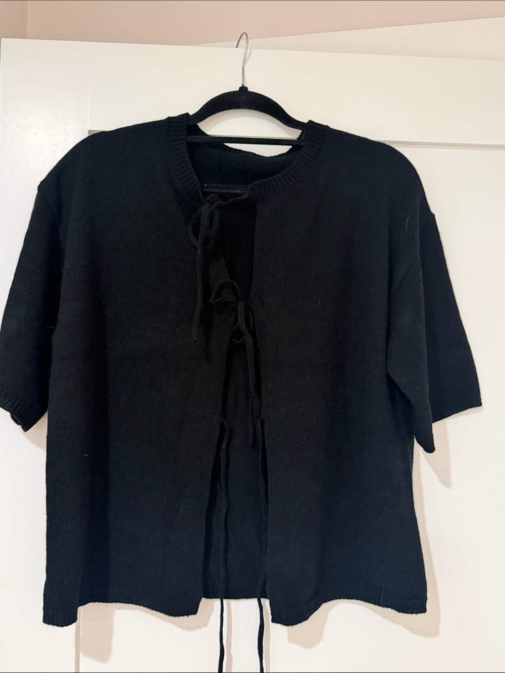 Black Tie-Front Short Sleeve Sweater